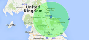 map that shows 60 miles radius from Stokesley, Middlesbrough area, New Yorkshire